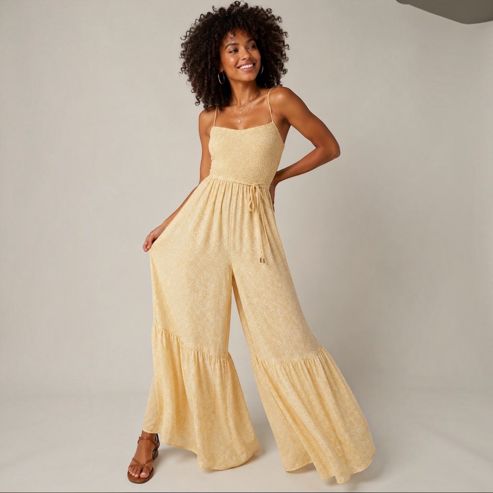 Free People Little Of Your Love Jumpsuit XS Smocked Wide Leg Mustard Boho Summer